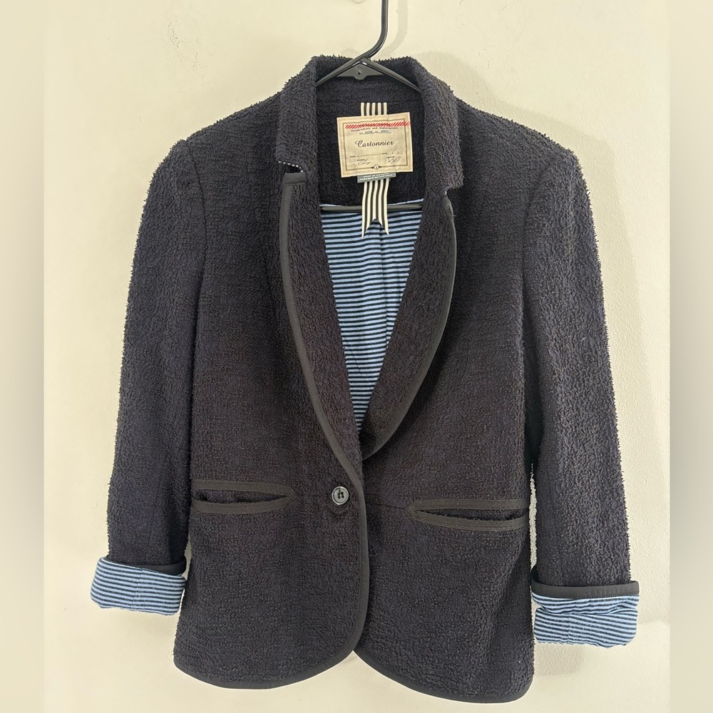 Cartonnier by Anthropologie Women Size 2 Navy Blue Tweed Blazer Business Casual